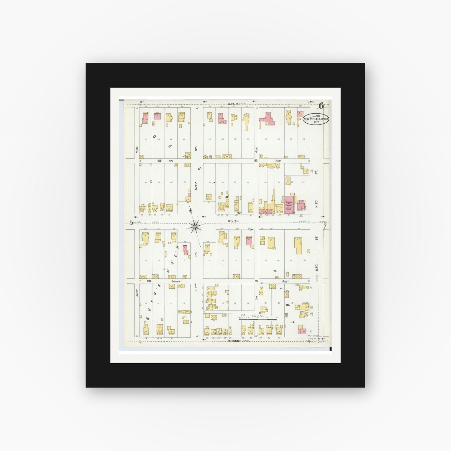 Old map wall art mockup — black gallery frame with white mat — Sanborn Fire Insurance Map from New Philadelphia, Tuscarawas County, Ohio (1901), Sheet #0006