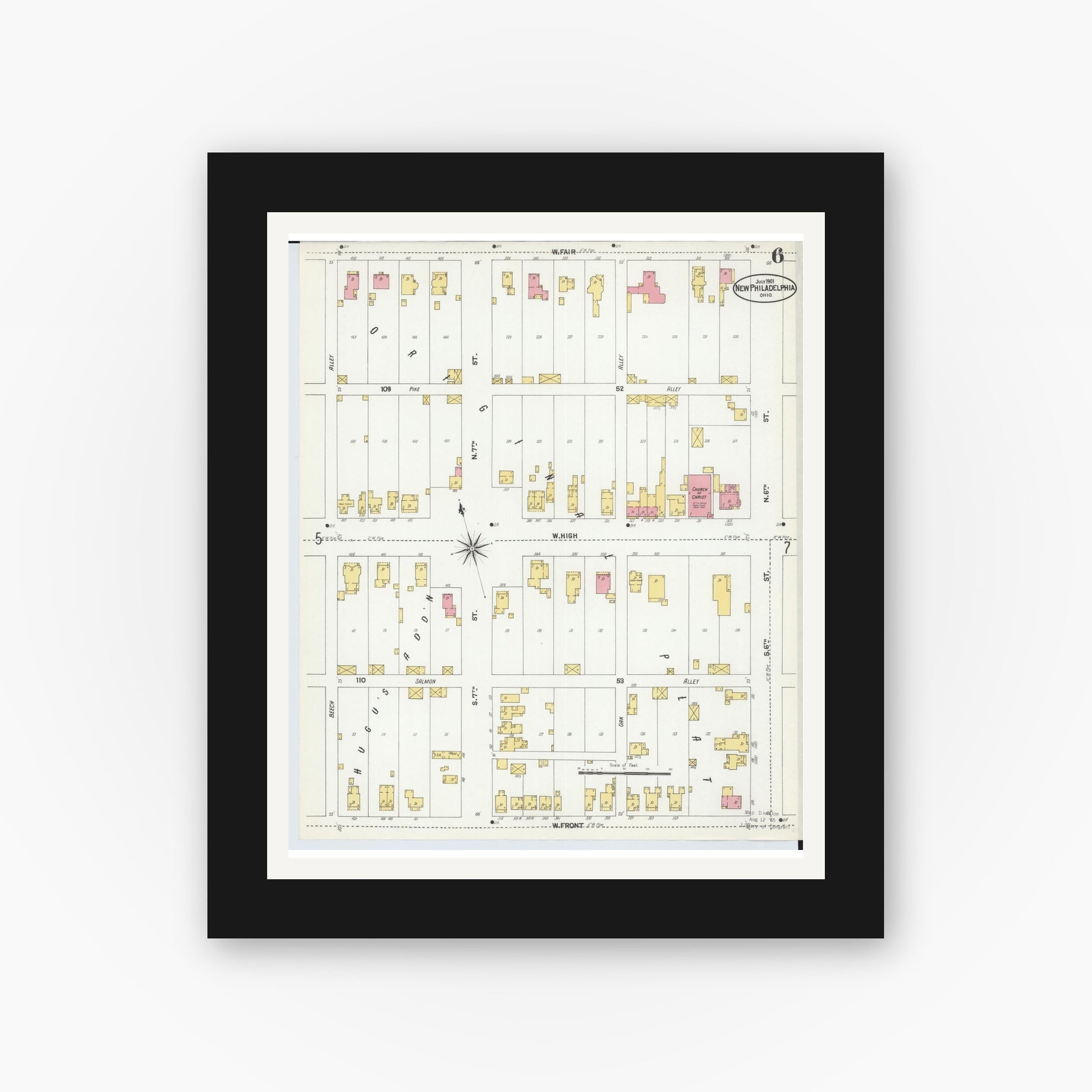 Old map wall art mockup — black gallery frame with white mat — Sanborn Fire Insurance Map from New Philadelphia, Tuscarawas County, Ohio (1901), Sheet #0006
