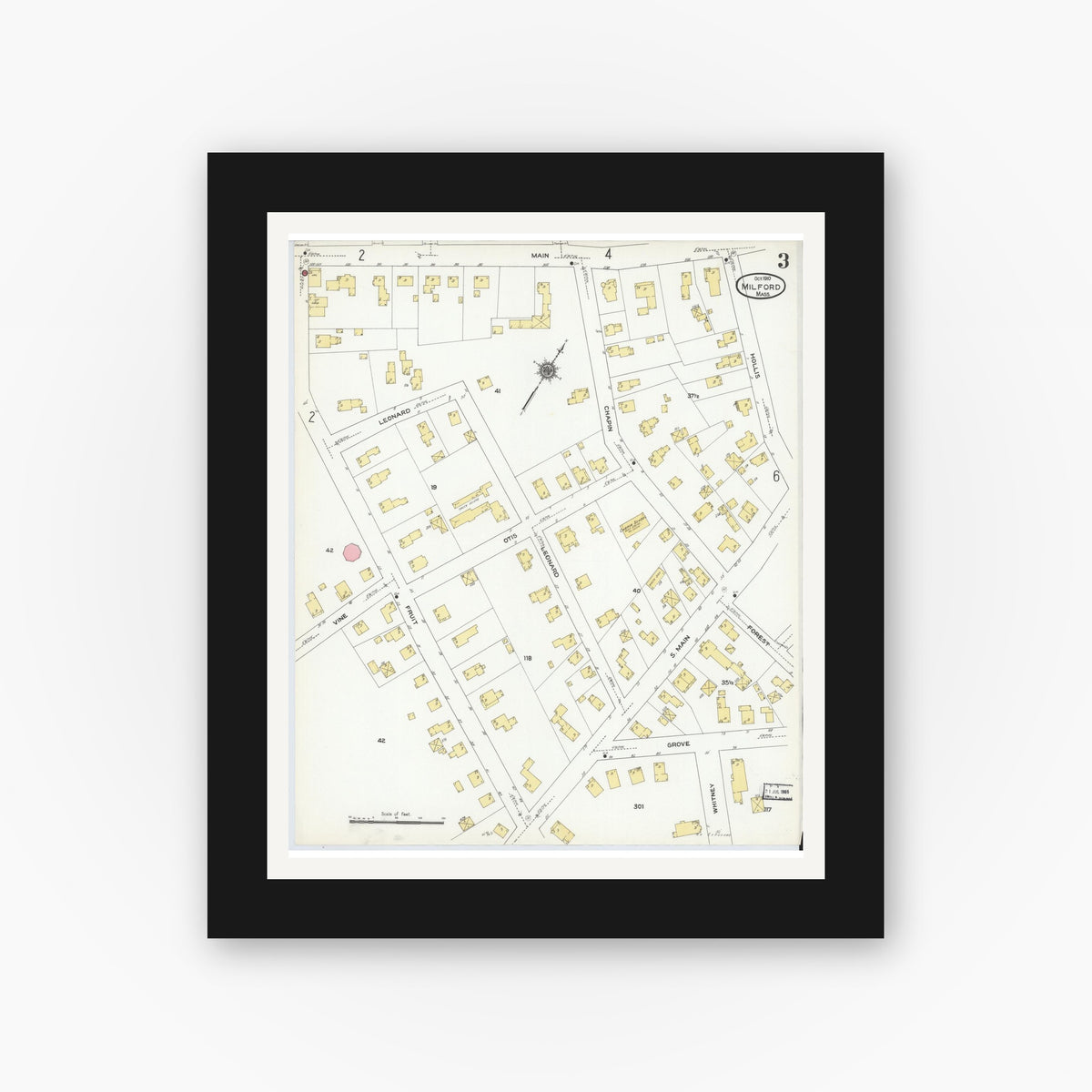 Old map wall art mockup — black gallery frame with white mat — Sanborn Fire Insurance Map from Milford, Worcester County, Massachusetts (1910), Sheet #0003