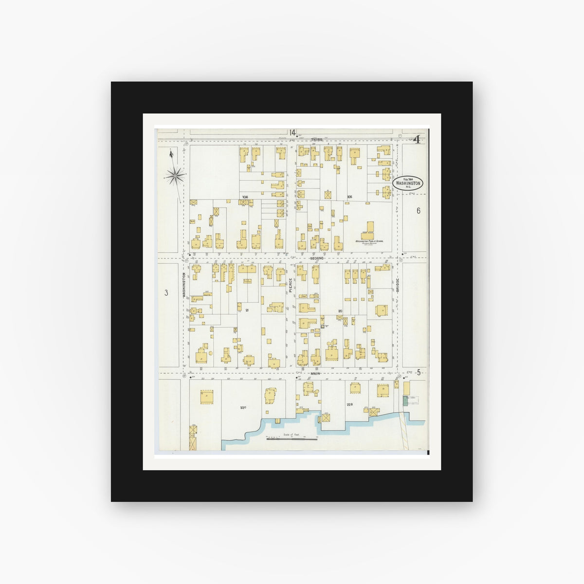 Old map wall art mockup — black gallery frame with white mat — Sanborn Fire Insurance Map from Washington, Beaufort County, North Carolina (1904), Sheet #0004