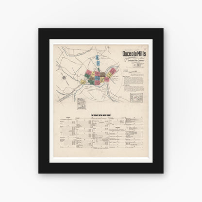 Old map wall art mockup — black gallery frame with white mat — Sanborn Fire Insurance Map from Osceola Mills, Clearfield County, Pennsylvania (1921) - Complete Map Set