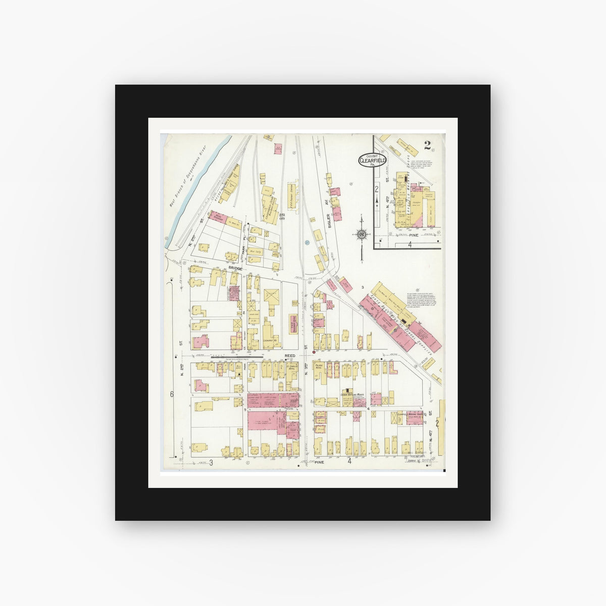 Old map wall art mockup — black gallery frame with white mat — Sanborn Fire Insurance Map from Clearfield, Clearfield County, Pennsylvania (1917), Sheet #0002