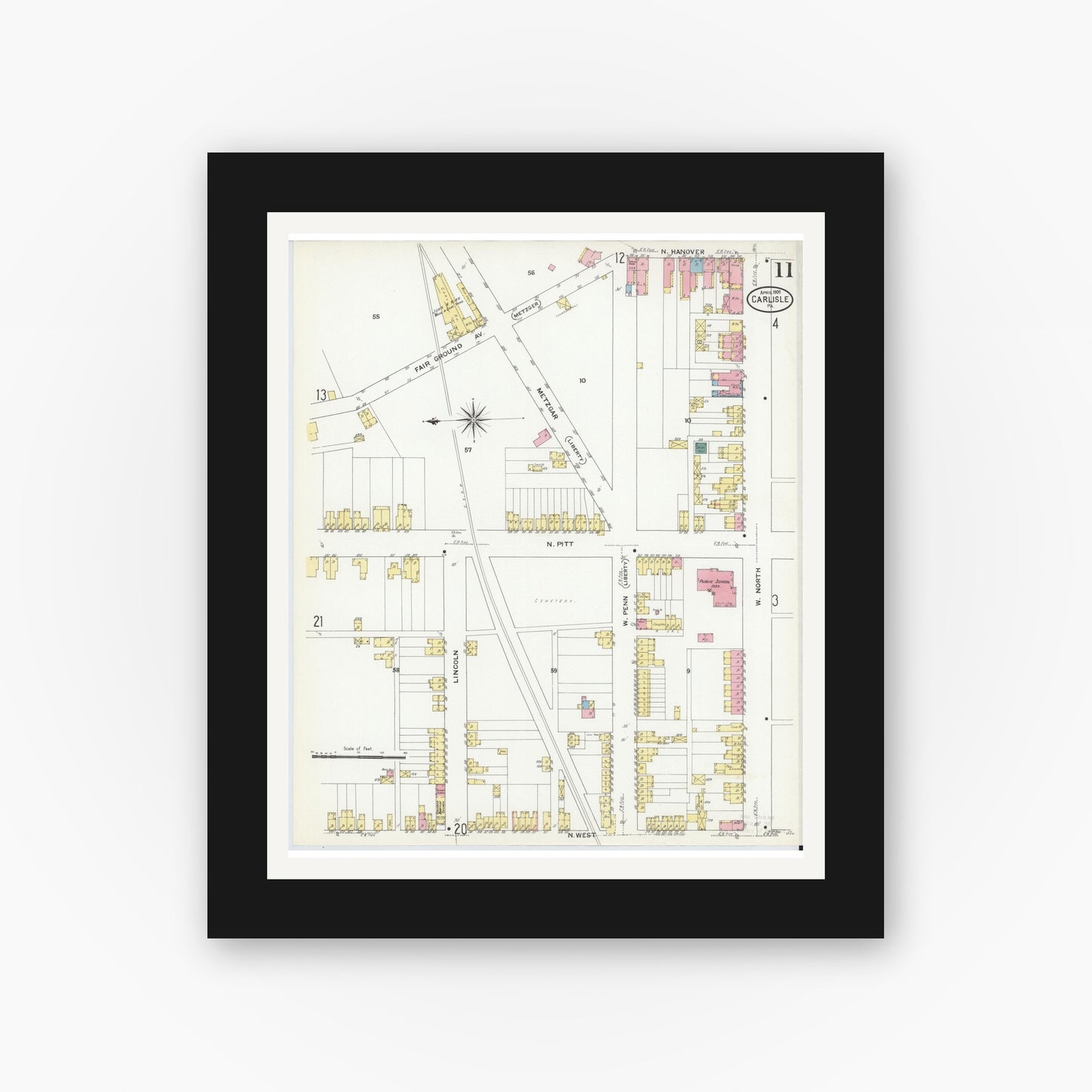 Old map wall art mockup — black gallery frame with white mat — Sanborn Fire Insurance Map from Carlisle, Cumberland County, Pennsylvania (1909), Sheet #0011