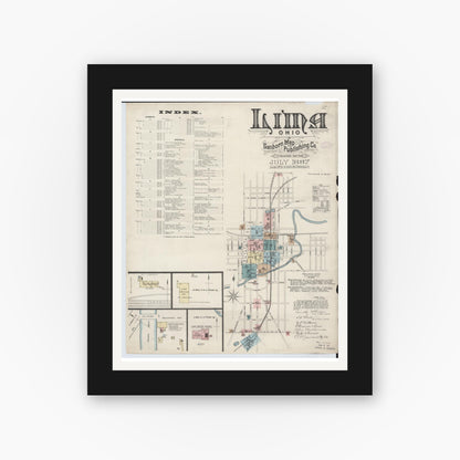 Old map wall art mockup — black gallery frame with white mat — Sanborn Fire Insurance Map from Lima, Allen County, Ohio (1887), Sheet #0001