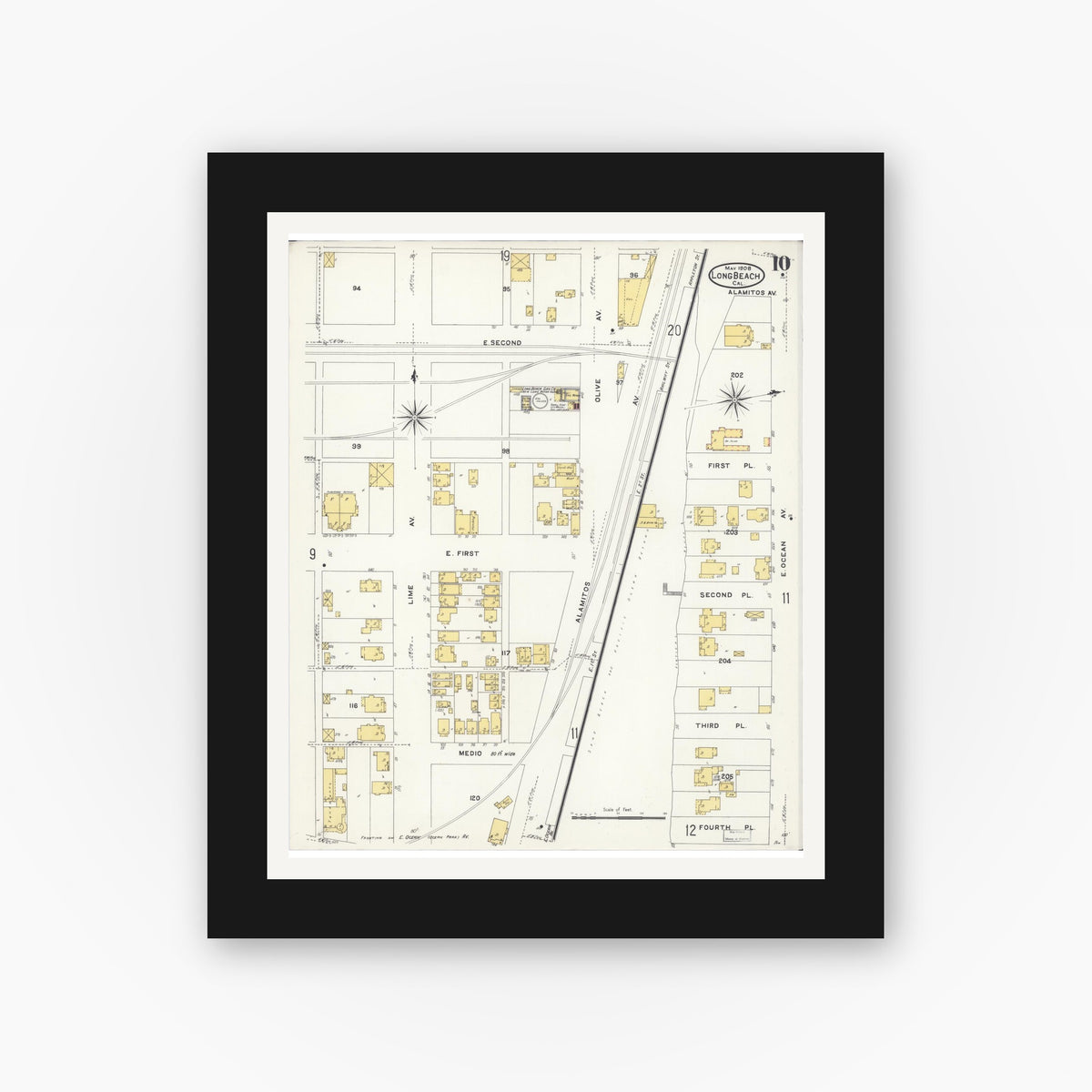 Old map wall art mockup — black gallery frame with white mat — Sanborn Fire Insurance Map from Long Beach, Los Angeles County, California (1908), Sheet #0010
