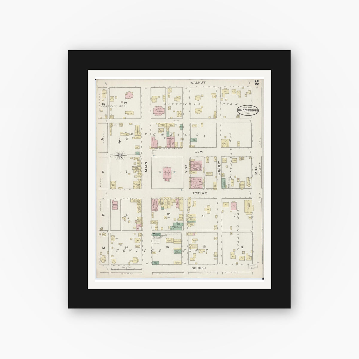 Old map wall art mockup — black gallery frame with white mat — Sanborn Fire Insurance Map from Harrisburg, Saline County, Illinois (1886), Sheet #0002