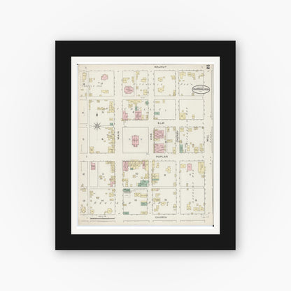 Old map wall art mockup — black gallery frame with white mat — Sanborn Fire Insurance Map from Harrisburg, Saline County, Illinois (1886), Sheet #0002