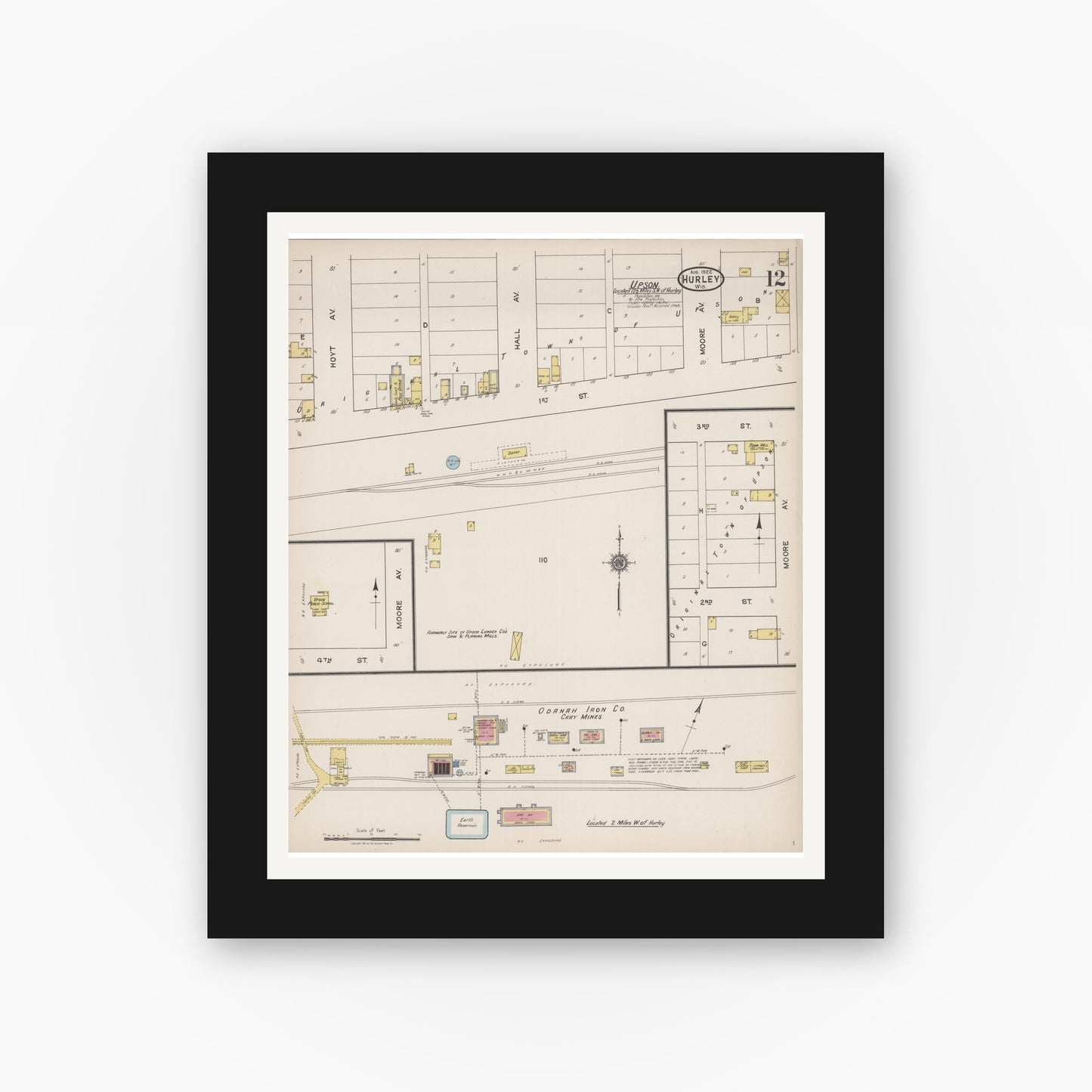 Old map wall art mockup — black gallery frame with white mat — Sanborn Fire Insurance Map from Hurley, Iron County, Wisconsin (1922), Sheet #0012