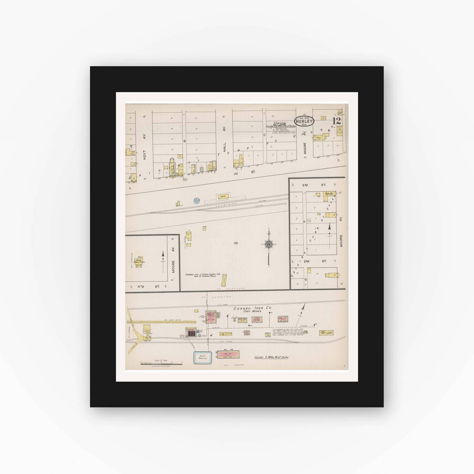Old map wall art mockup — black gallery frame with white mat — Sanborn Fire Insurance Map from Hurley, Iron County, Wisconsin (1922), Sheet #0012