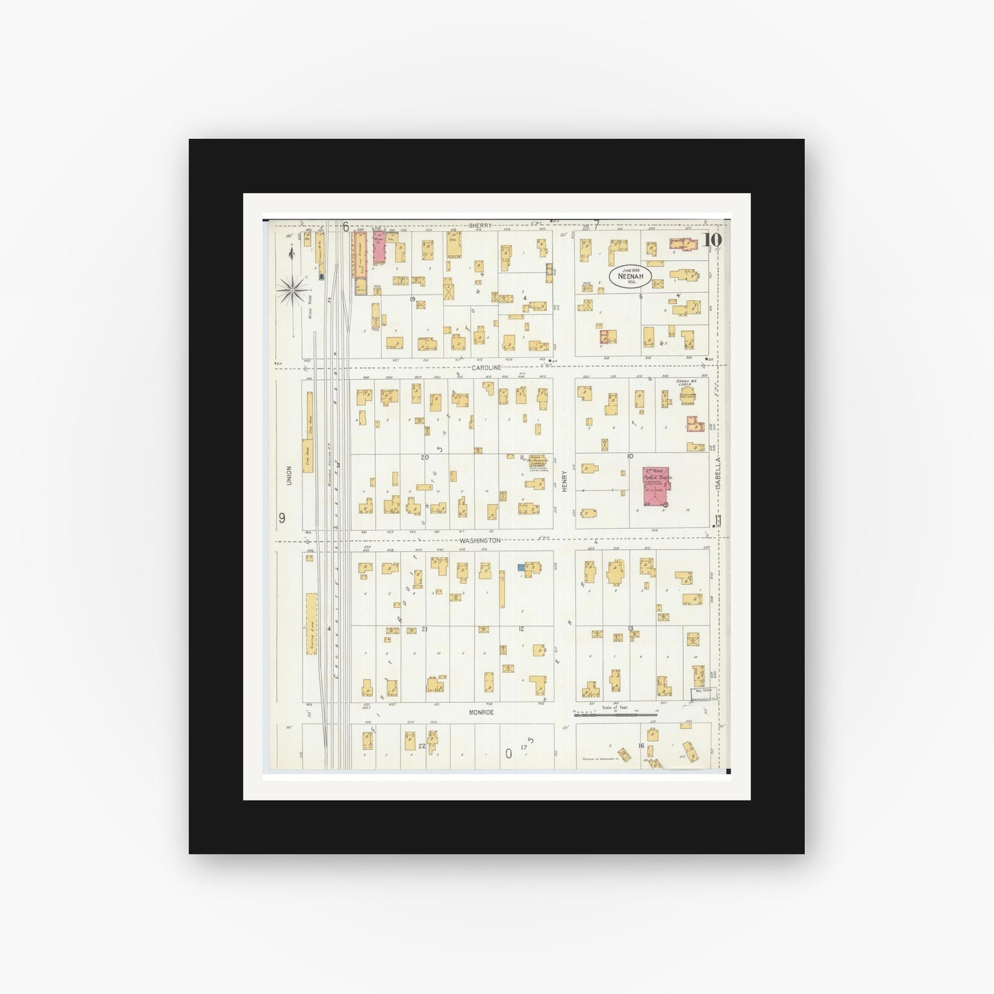 Old map wall art mockup — black gallery frame with white mat — Sanborn Fire Insurance Map from Neenah, Winnebago County, Wisconsin (1906), Sheet #0010