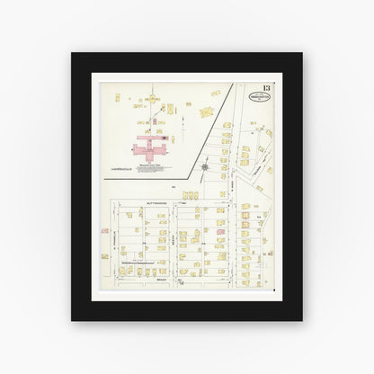 Old map wall art mockup — black gallery frame with white mat — Sanborn Fire Insurance Map from Washington, Washington County, Pennsylvania (1909), Sheet #0013