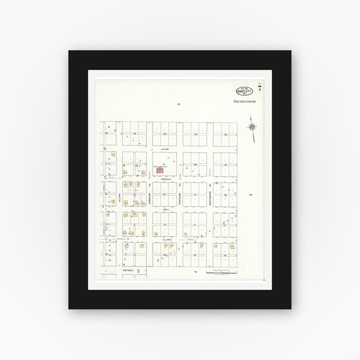 Old map wall art mockup — black gallery frame with white mat — Sanborn Fire Insurance Map from Bartlett, Bell and Williamson Counties, Texas (1921), Sheet #0007