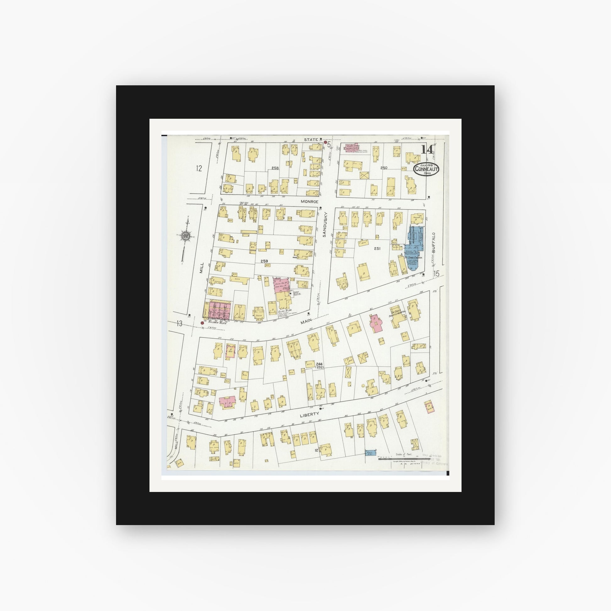 Old map wall art mockup — black gallery frame with white mat — Sanborn Fire Insurance Map from Conneaut, Ashtabula County, Ohio (1919), Sheet #0014