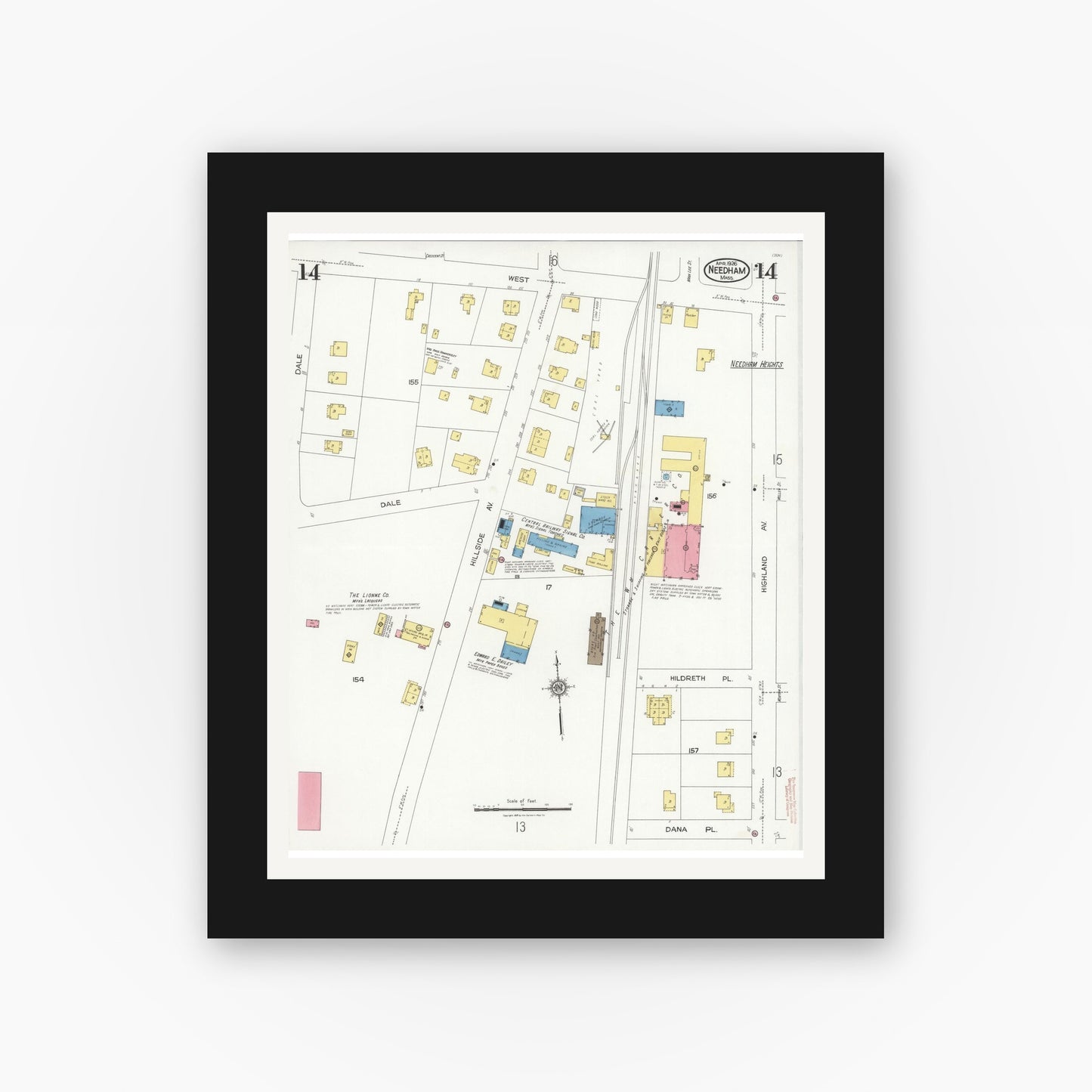 Old map wall art mockup — black gallery frame with white mat — Sanborn Fire Insurance Map from Needham, Norfolk County, Massachusetts (1926), Sheet #0014