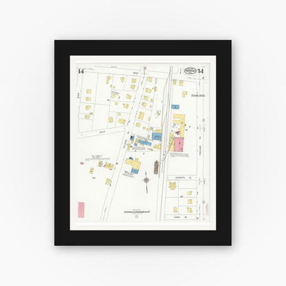 Old map wall art mockup — black gallery frame with white mat — Sanborn Fire Insurance Map from Needham, Norfolk County, Massachusetts (1926), Sheet #0014