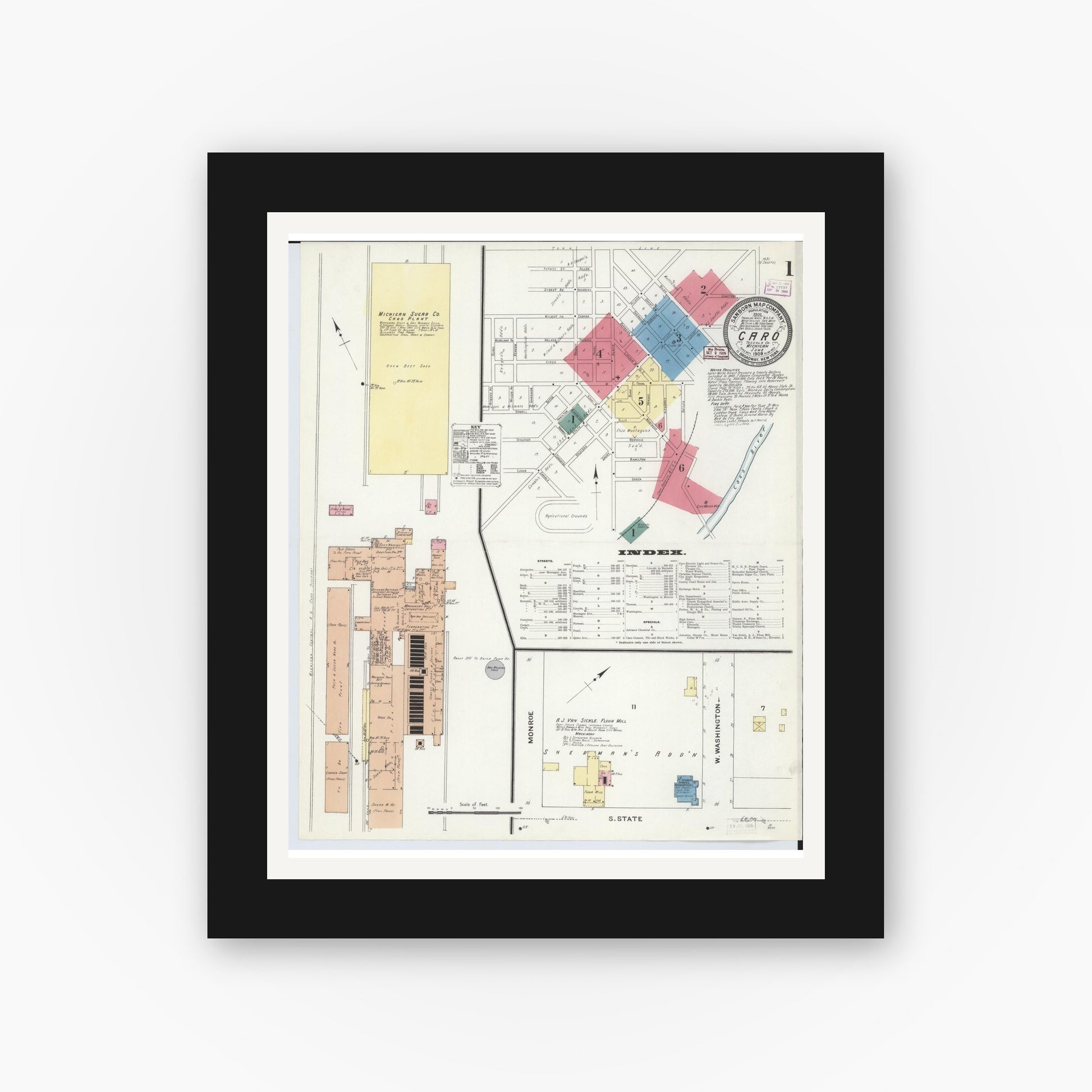 Old map wall art mockup — black gallery frame with white mat — Sanborn Fire Insurance Map from Caro, Tuscola County, Michigan (1909) - Complete Map Set