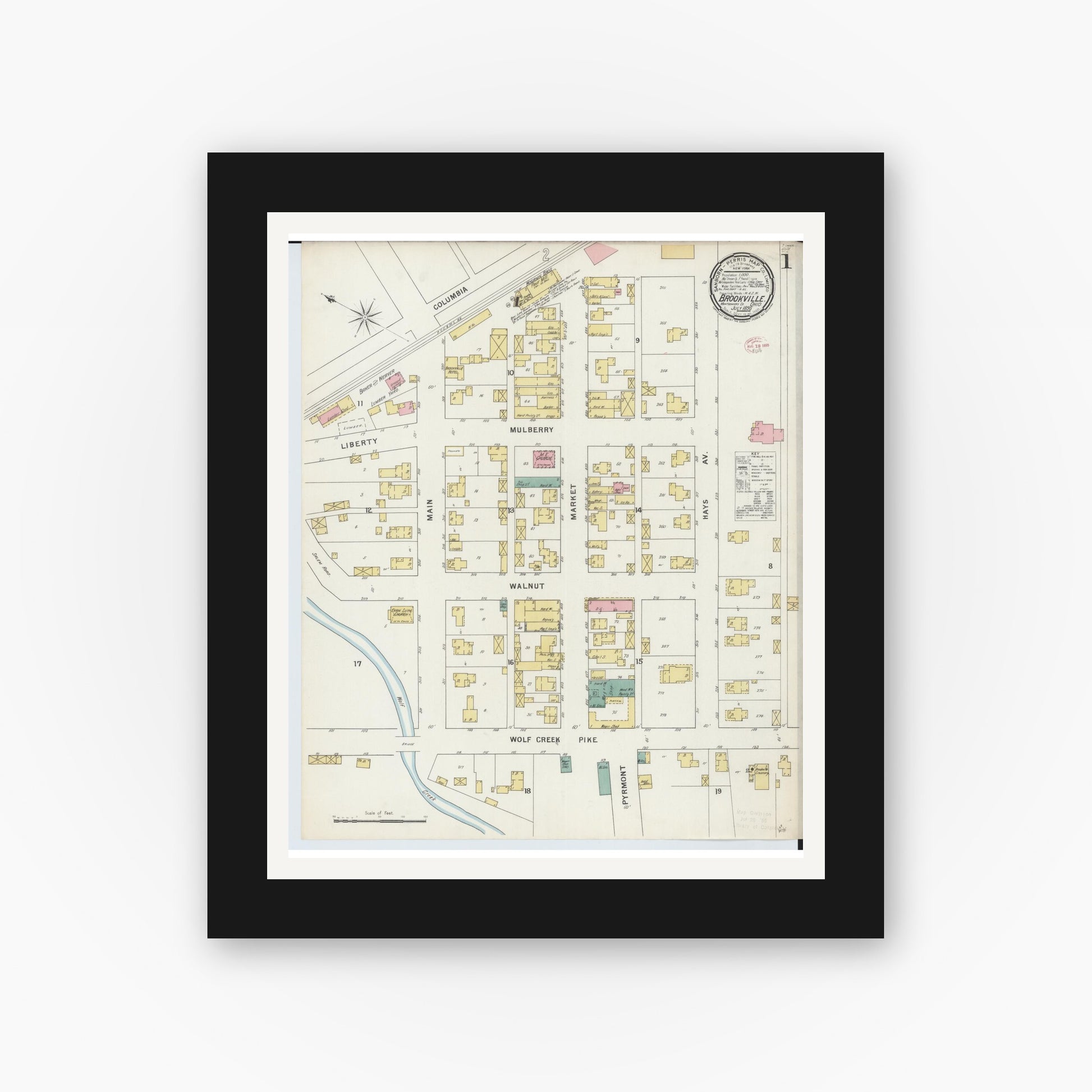 Old map wall art mockup — black gallery frame with white mat — Sanborn Fire Insurance Map from Brookville, Montgomery County, Ohio (1895) - Complete Map Set