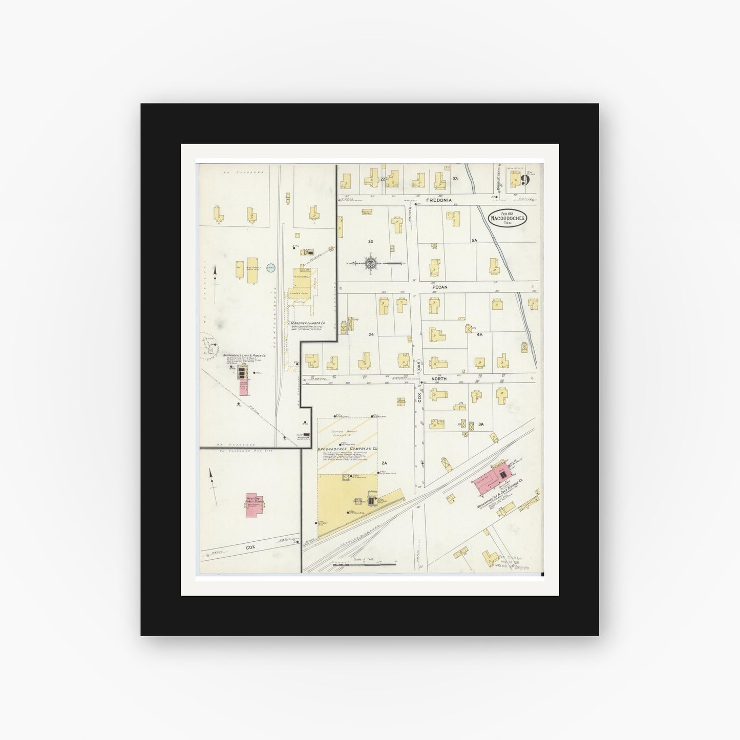 Old map wall art mockup — black gallery frame with white mat — Sanborn Fire Insurance Map from Nacogdoches, Nacogdoches County, Texas (1912), Sheet #0009