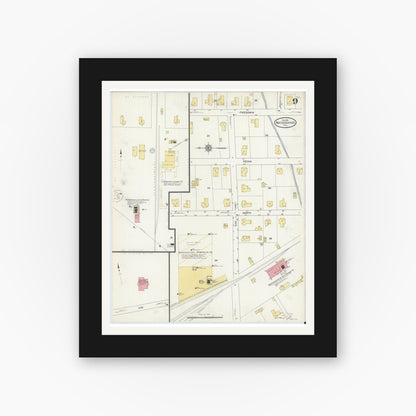 Old map wall art mockup — black gallery frame with white mat — Sanborn Fire Insurance Map from Nacogdoches, Nacogdoches County, Texas (1912), Sheet #0009