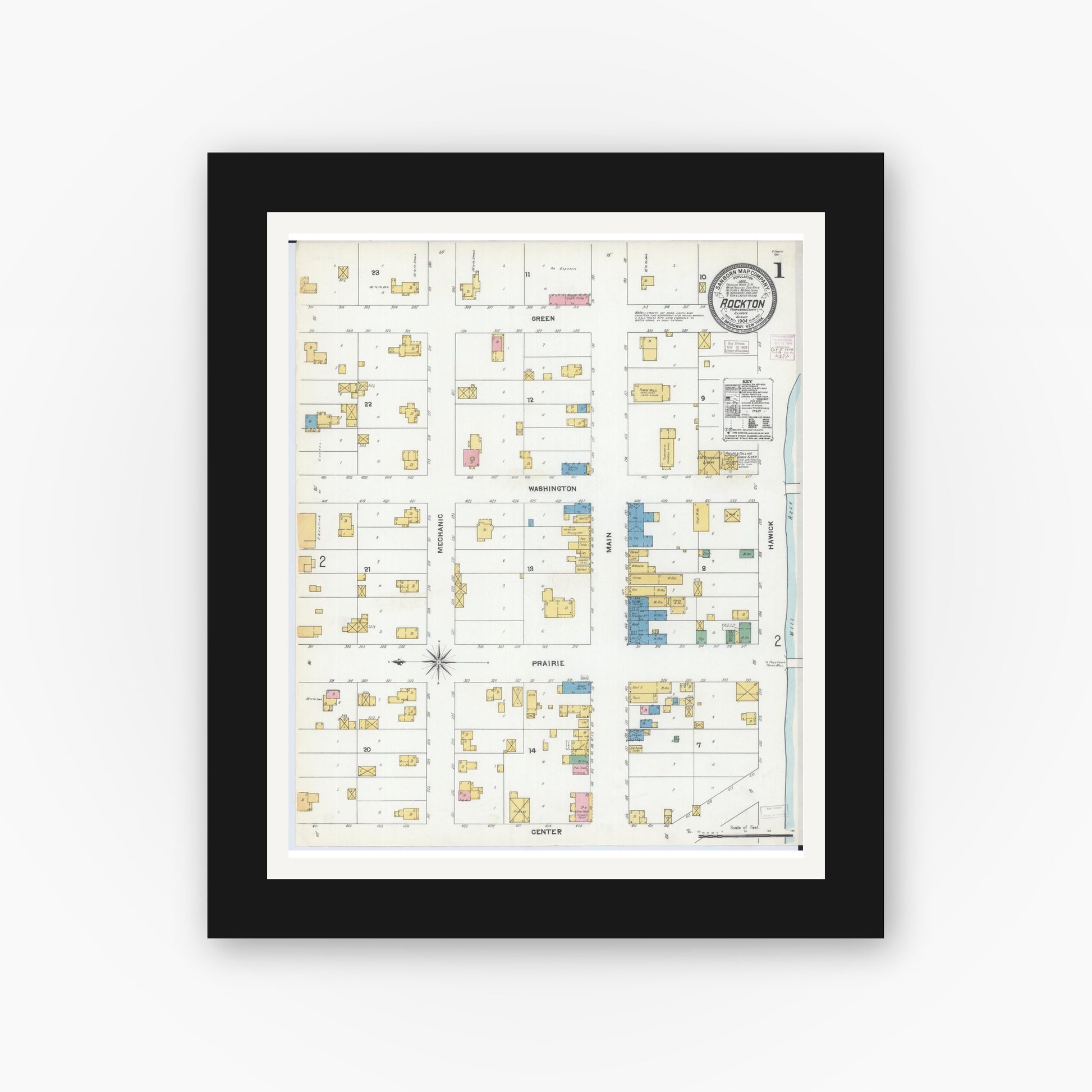 Old map wall art mockup — black gallery frame with white mat — Sanborn Fire Insurance Map from Rockton, Winnebago County, Illinois (1904) - Complete Map Set