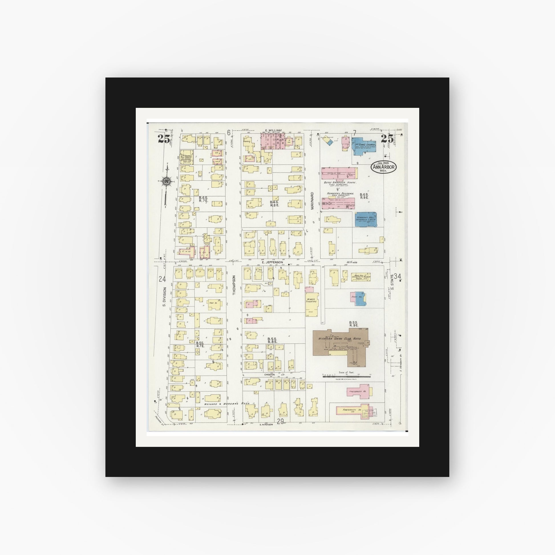 Old map wall art mockup — black gallery frame with white mat — Sanborn Fire Insurance Map from Ann Arbor, Washtenaw County, Michigan (1925), Sheet #0025