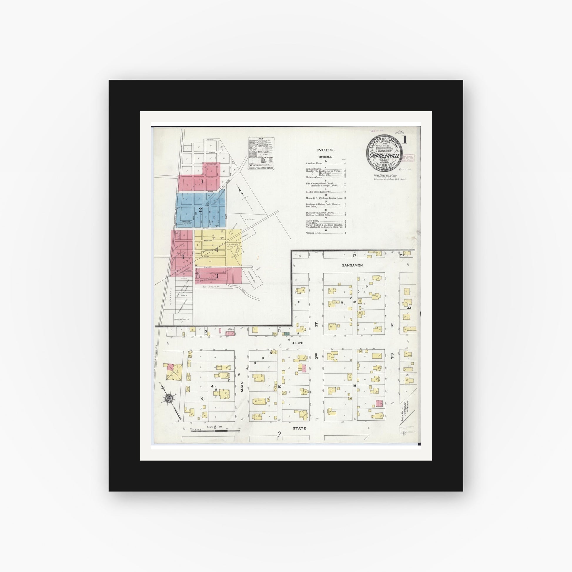 Old map wall art mockup — black gallery frame with white mat — Sanborn Fire Insurance Map from Chandlerville, Cass County, Illinois (1909) - Complete Map Set