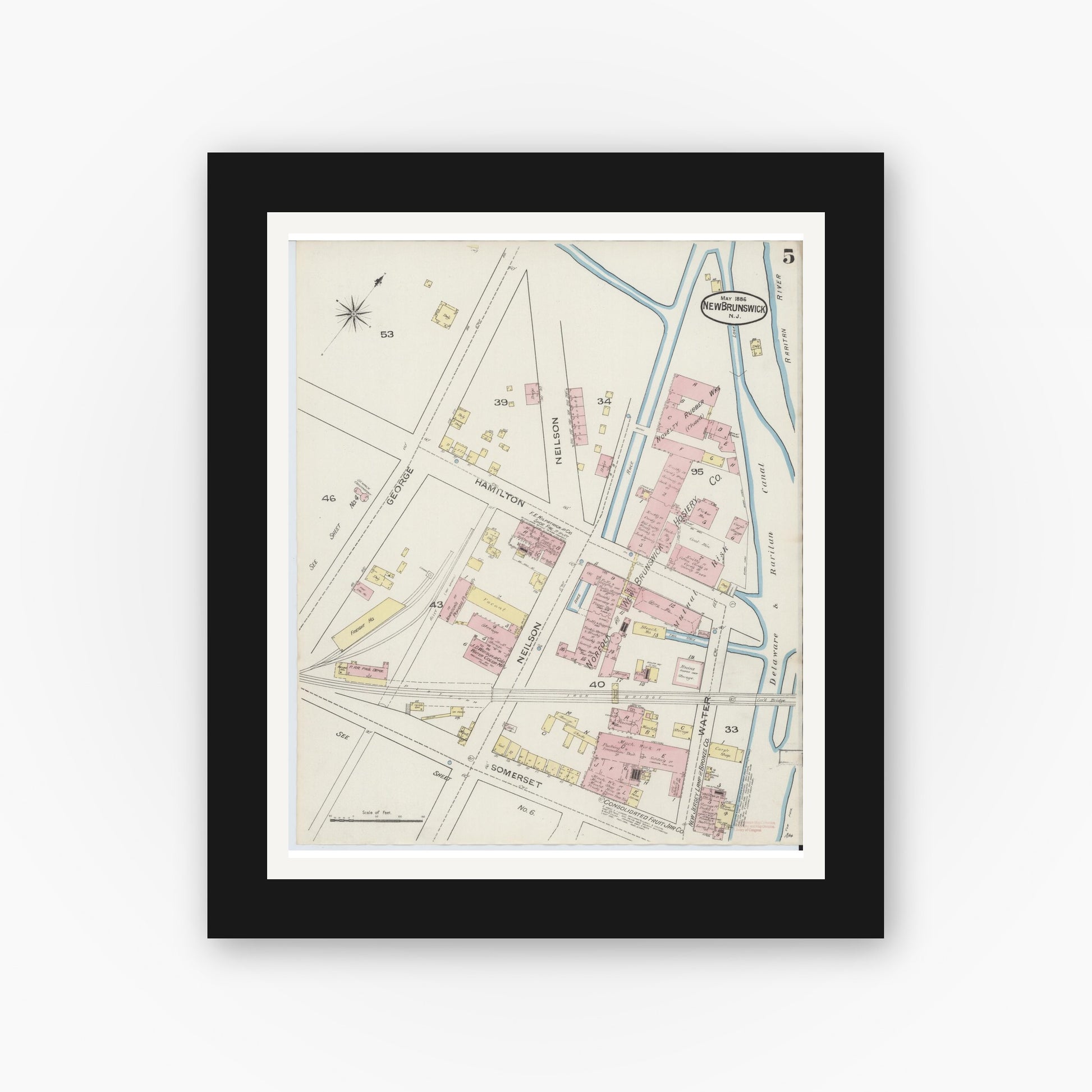 Old map wall art mockup — black gallery frame with white mat — Sanborn Fire Insurance Map from New Brunswick, Middlesex County, New Jersey (1886), Sheet #0005