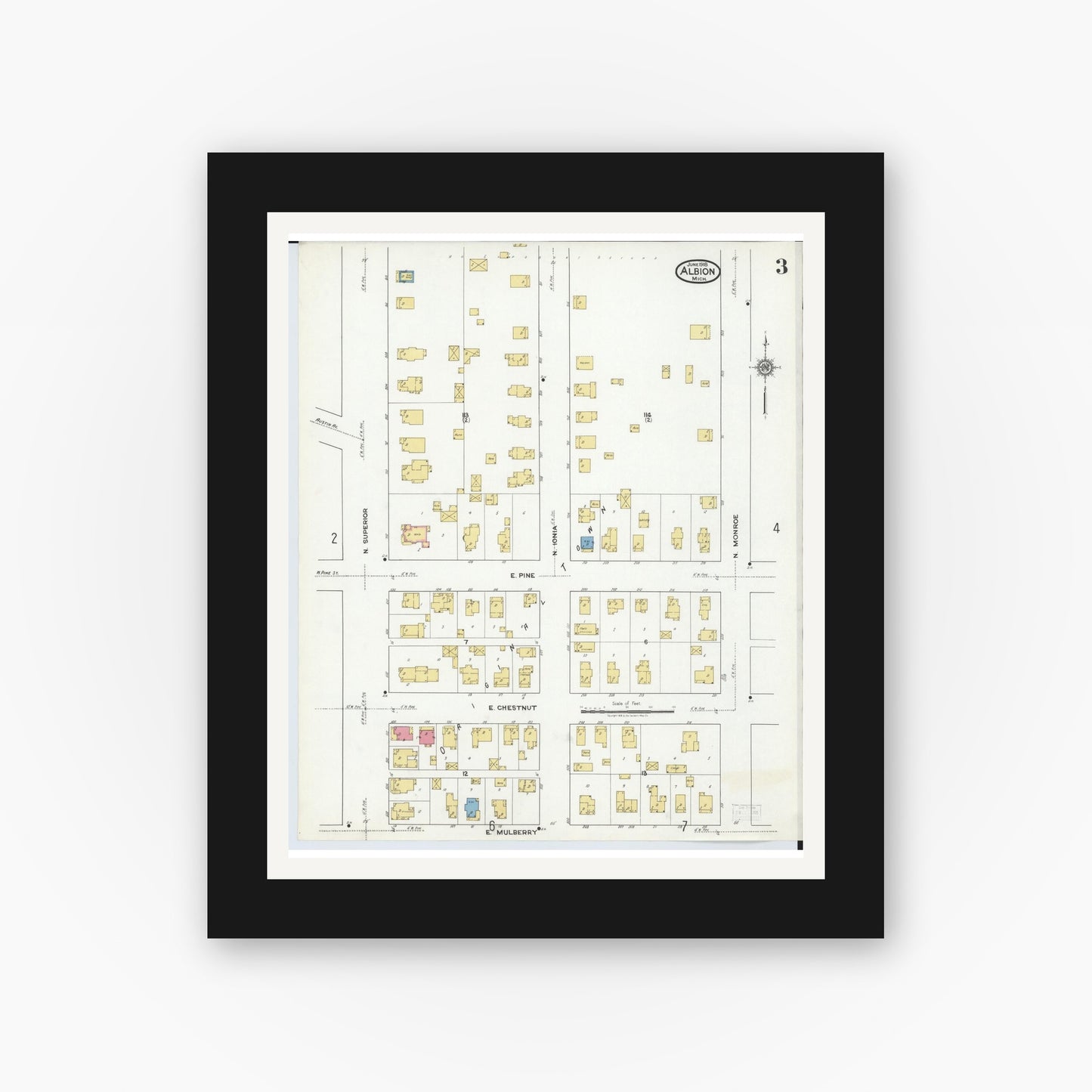 Old map wall art mockup — black gallery frame with white mat — Sanborn Fire Insurance Map from Albion, Calhoun County, Michigan (1918), Sheet #0003