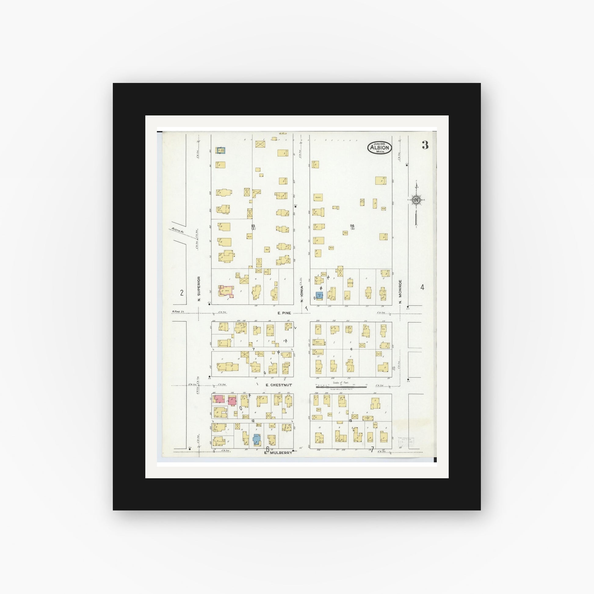 Old map wall art mockup — black gallery frame with white mat — Sanborn Fire Insurance Map from Albion, Calhoun County, Michigan (1918), Sheet #0003