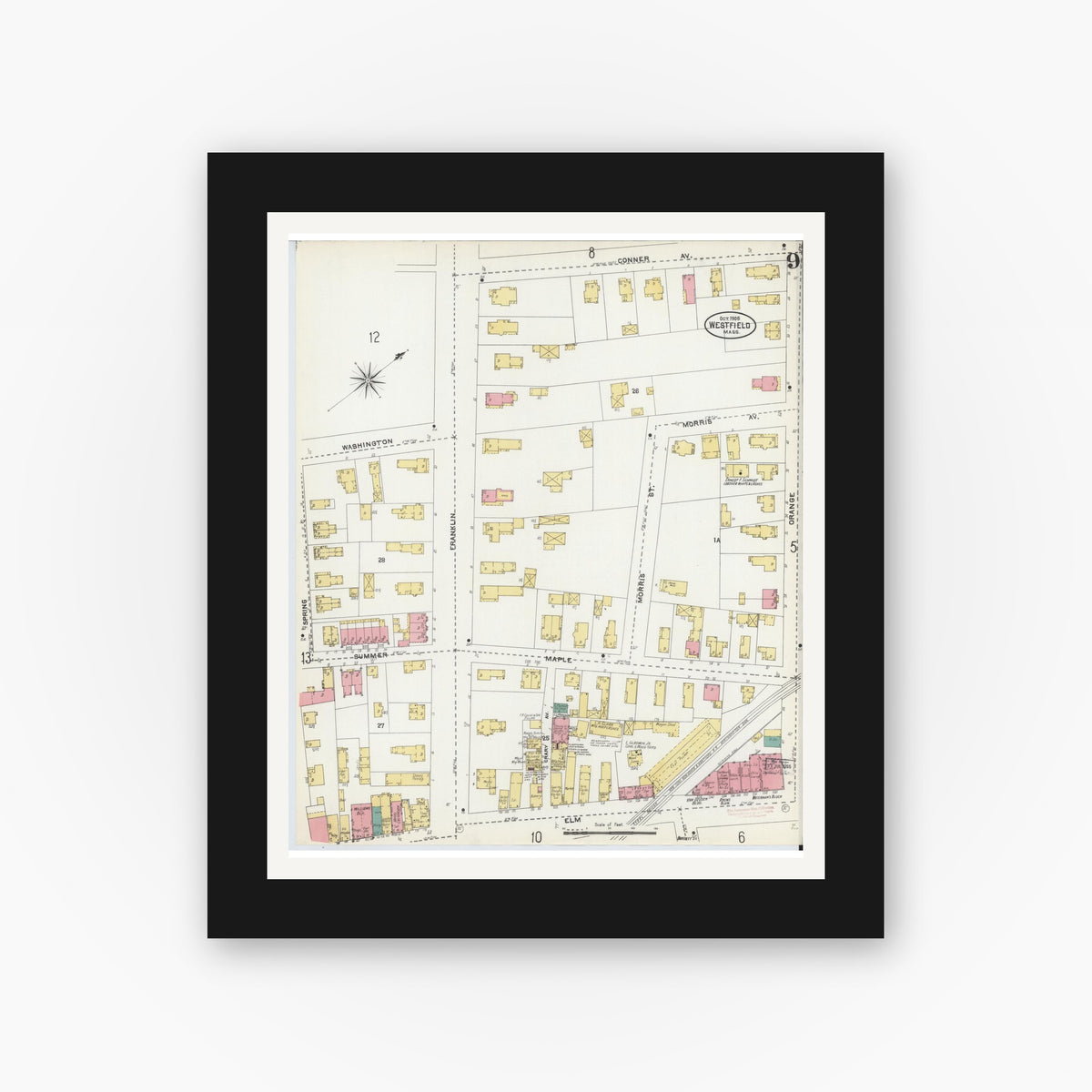 Old map wall art mockup — black gallery frame with white mat — Sanborn Fire Insurance Map from Westfield, Hampden County, Massachusetts (1905), Sheet #0009