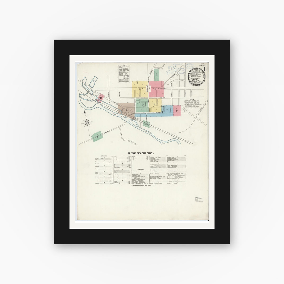 Old map wall art mockup — black gallery frame with white mat — Sanborn Fire Insurance Map from Bath, Steuben County, New York (1898) - Complete Map Set