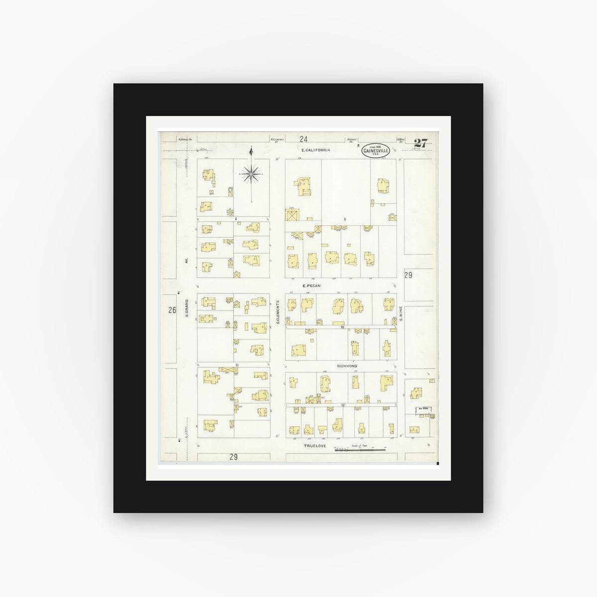 Old map wall art mockup — black gallery frame with white mat — Sanborn Fire Insurance Map from Gainesville, Cooke County, Texas (1908), Sheet #0027