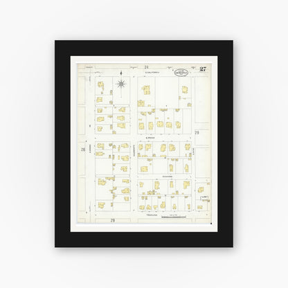 Old map wall art mockup — black gallery frame with white mat — Sanborn Fire Insurance Map from Gainesville, Cooke County, Texas (1908), Sheet #0027