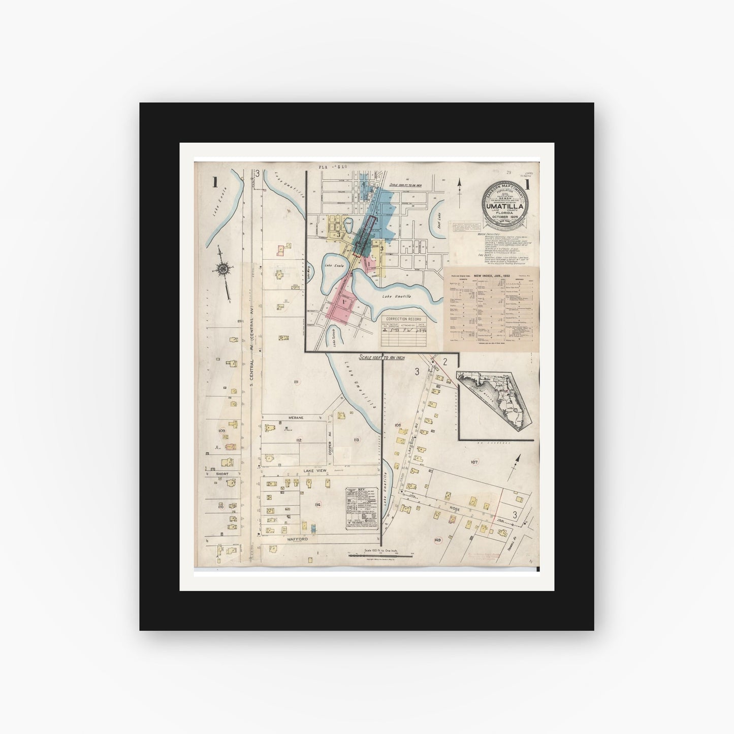 Old map wall art mockup — black gallery frame with white mat — Sanborn Fire Insurance Map from Umatilla, Lake County, Florida (1943), Sheet #0001