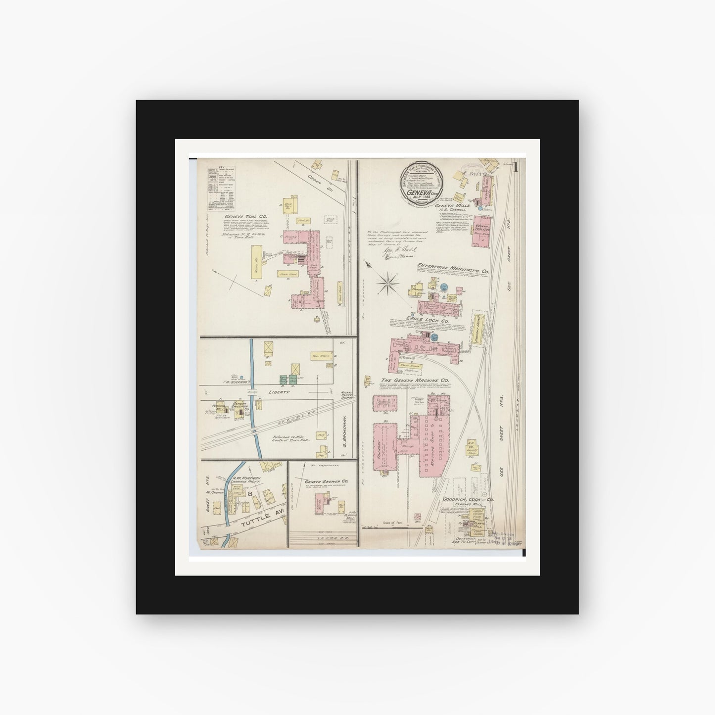 Old map wall art mockup — black gallery frame with white mat — Sanborn Fire Insurance Map from Geneva, Ashtabula County, Ohio (1885) - Complete Map Set