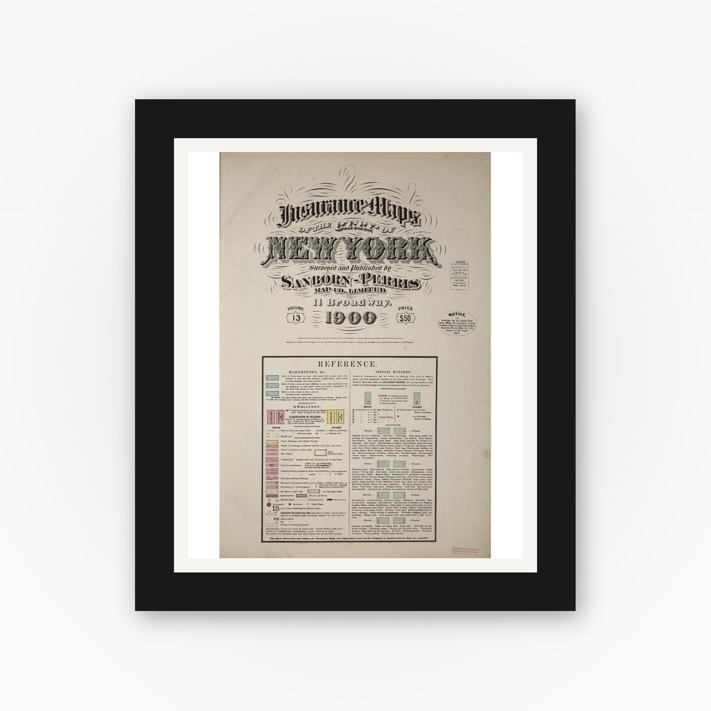Old map wall art mockup — black gallery frame with white mat — Sanborn Fire Insurance Map from New York, Bronx, Manhattan, New York (1900), Sheet #0001