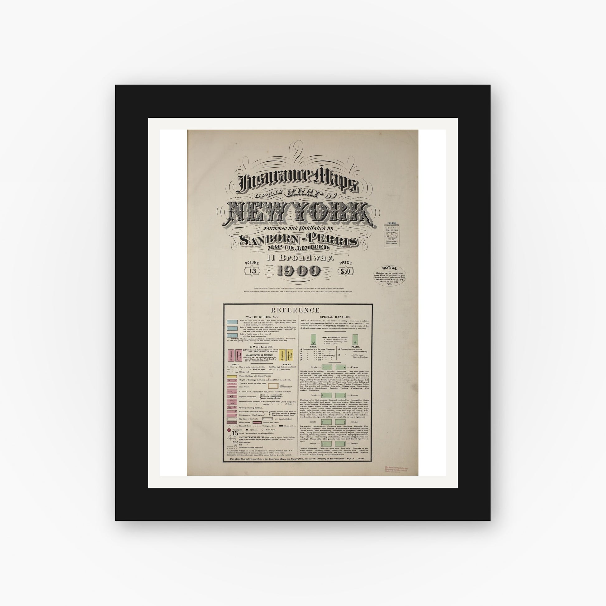 Old map wall art mockup — black gallery frame with white mat — Sanborn Fire Insurance Map from New York, Bronx, Manhattan, New York (1900), Sheet #0001