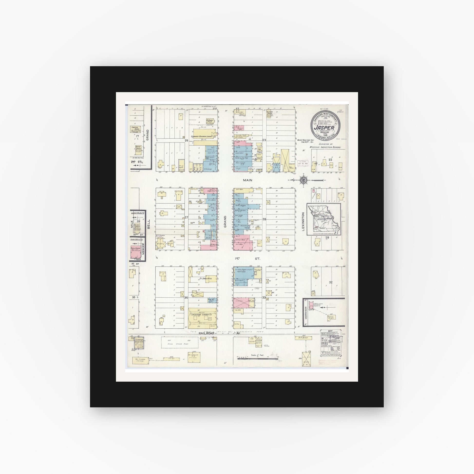 Old map wall art mockup — black gallery frame with white mat — Sanborn Fire Insurance Map from Jasper, Jasper County, Missouri (1914), Sheet #0001