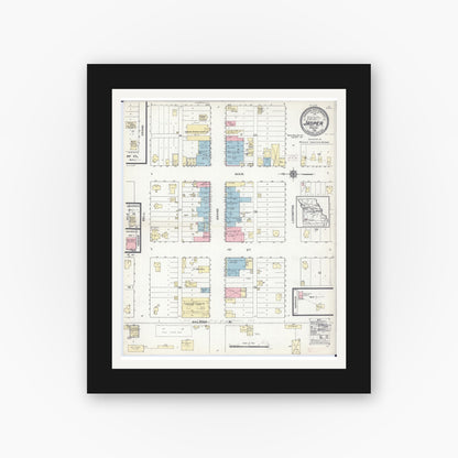 Old map wall art mockup — black gallery frame with white mat — Sanborn Fire Insurance Map from Jasper, Jasper County, Missouri (1914), Sheet #0001