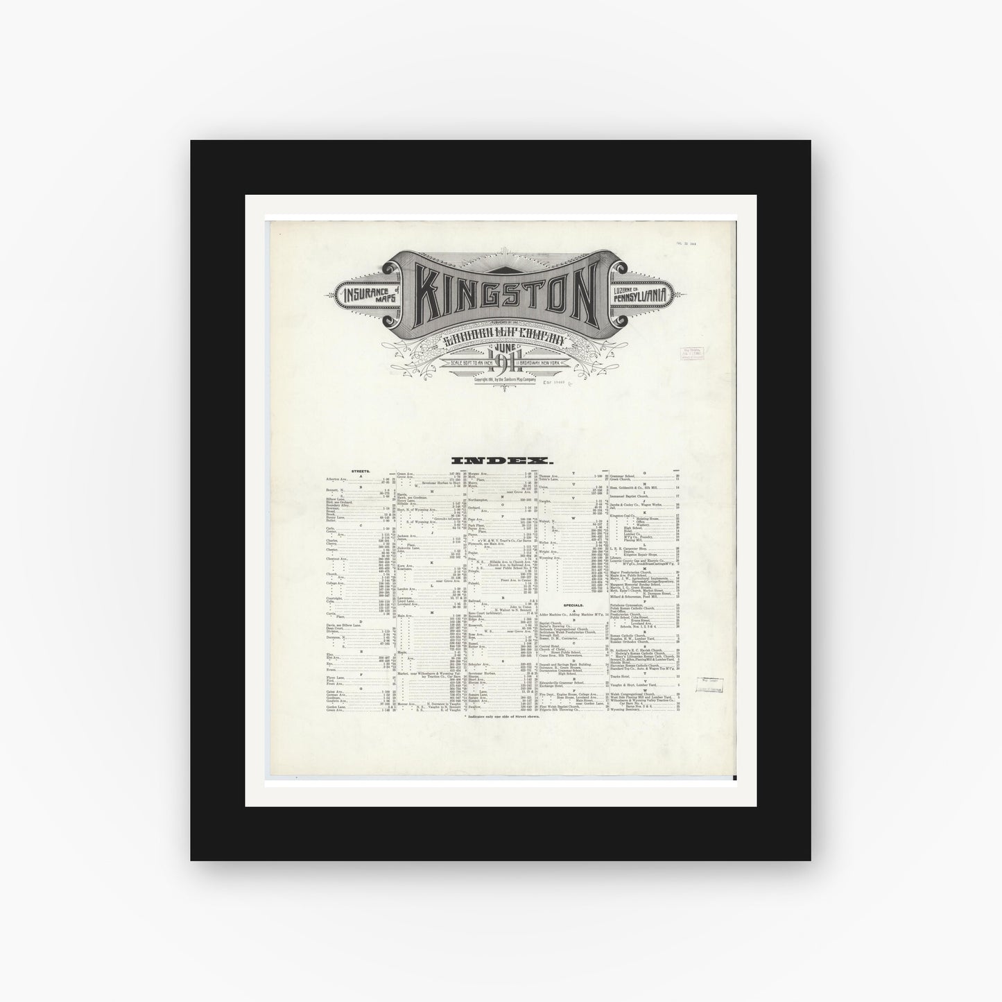 Old map wall art mockup — black gallery frame with white mat — Sanborn Fire Insurance Map from Kingston, Luzerne County, Pennsylvania (1911), Sheet #0001