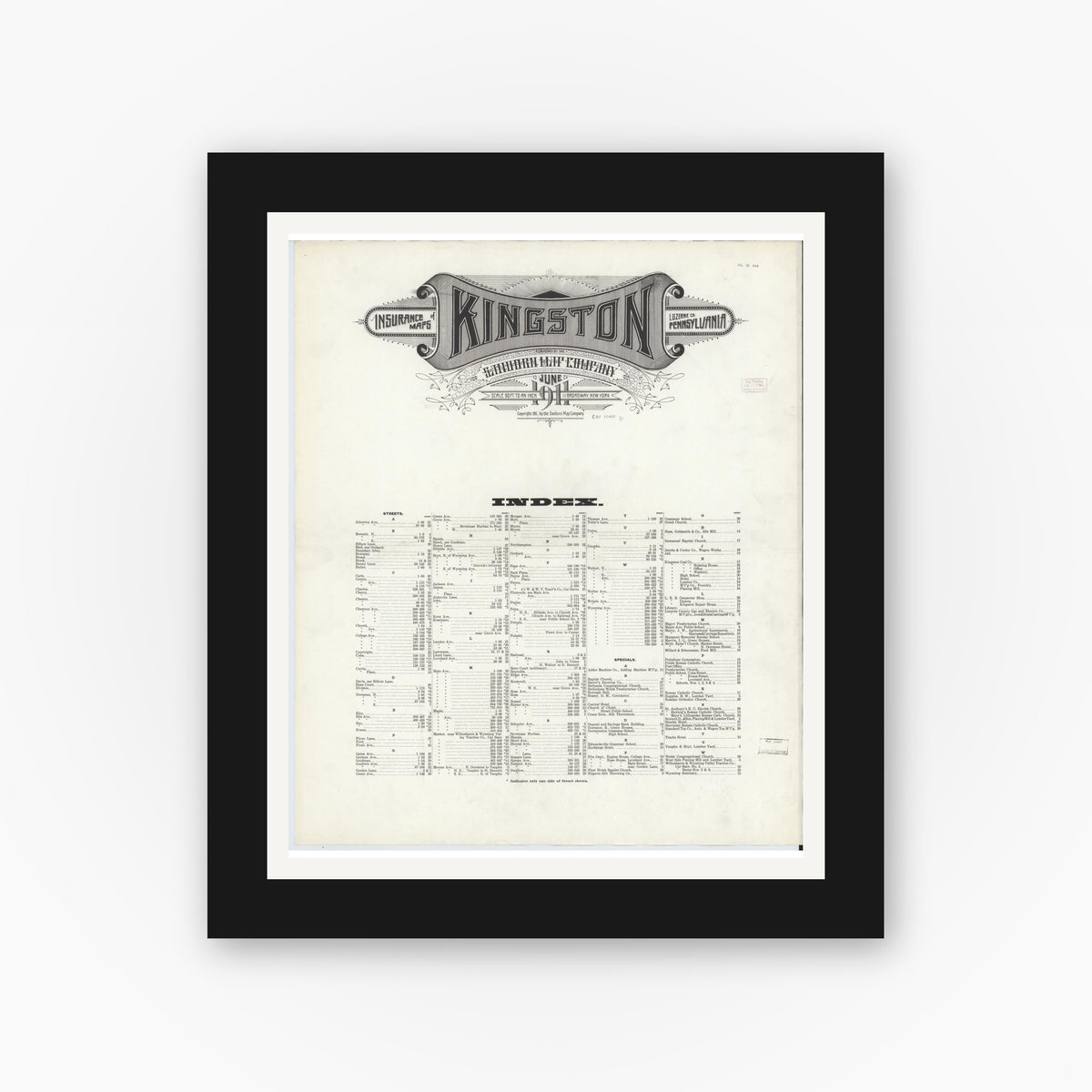 Old map wall art mockup — black gallery frame with white mat — Sanborn Fire Insurance Map from Kingston, Luzerne County, Pennsylvania (1911), Sheet #0001