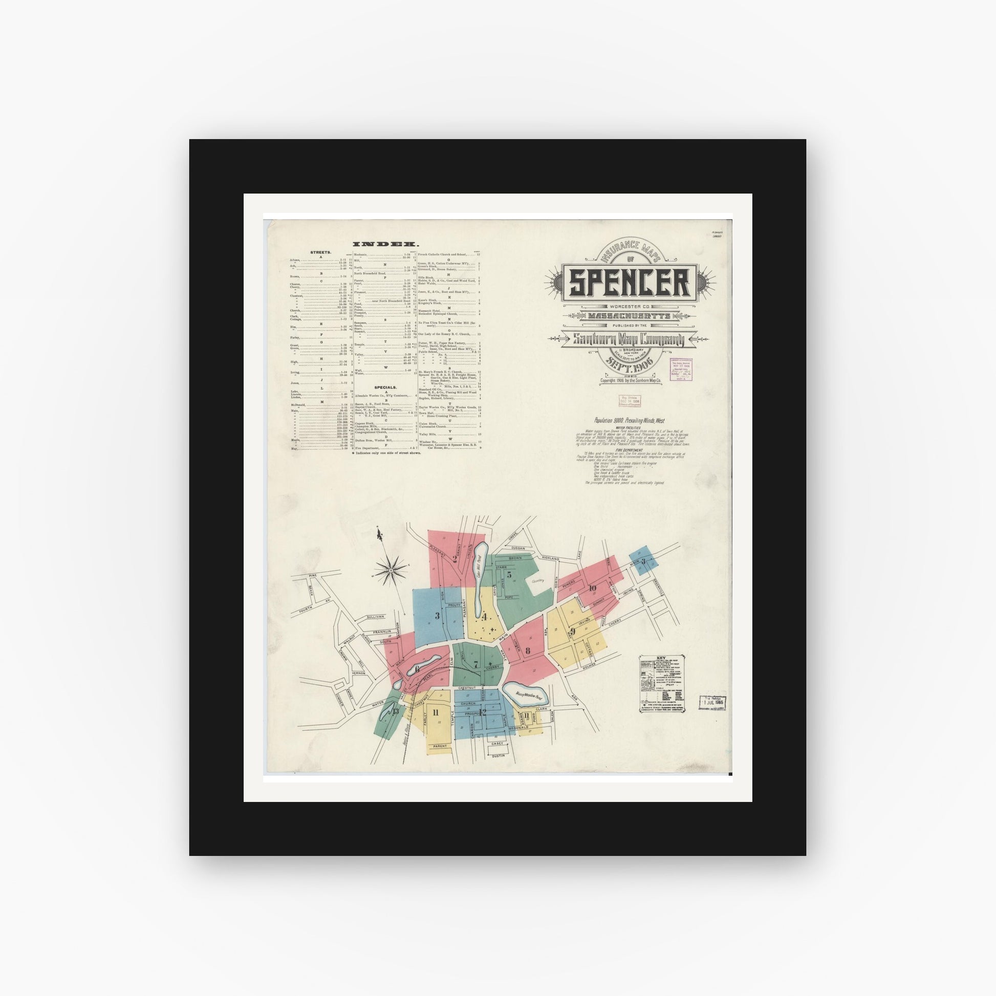 Old map wall art mockup — black gallery frame with white mat — Sanborn Fire Insurance Map from Spencer, Worcester County, Massachusetts (1906) - Complete Map Set