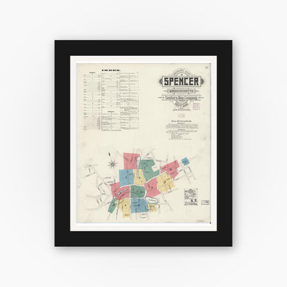 Old map wall art mockup — black gallery frame with white mat — Sanborn Fire Insurance Map from Spencer, Worcester County, Massachusetts (1906) - Complete Map Set