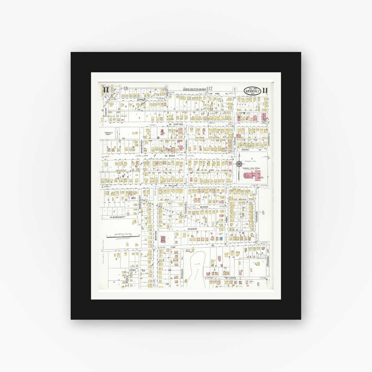 Old map wall art mockup — black gallery frame with white mat — Sanborn Fire Insurance Map from Moberly, Randolph County, Missouri (1923), Sheet #0011