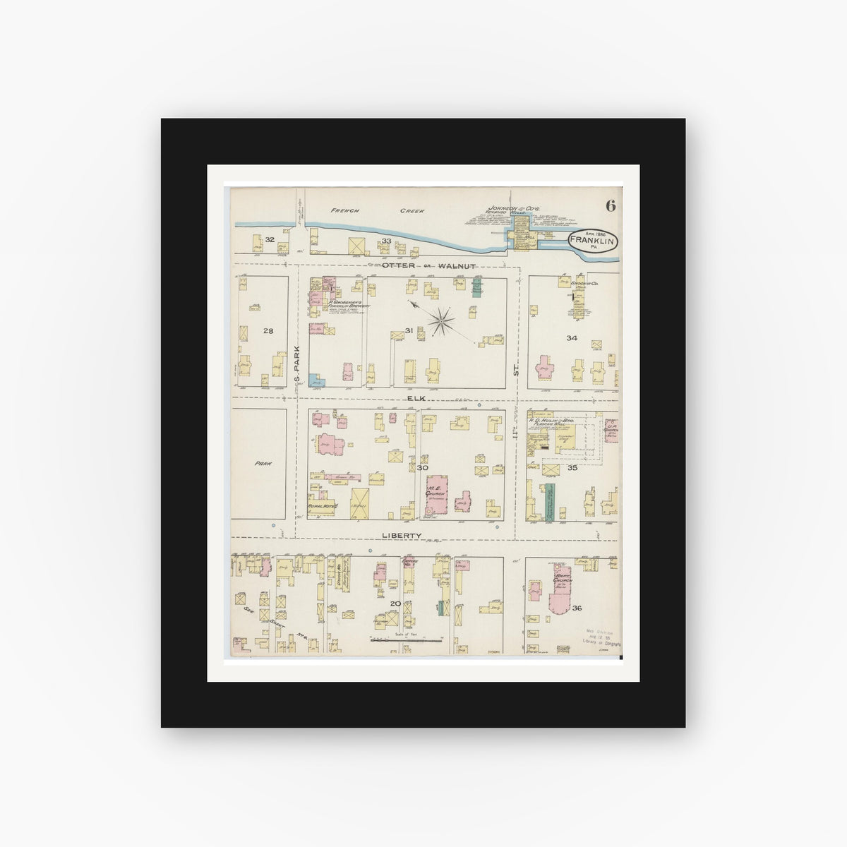 Old map wall art mockup — black gallery frame with white mat — Sanborn Fire Insurance Map from Franklin, Venango County, Pennsylvania (1888), Sheet #0006