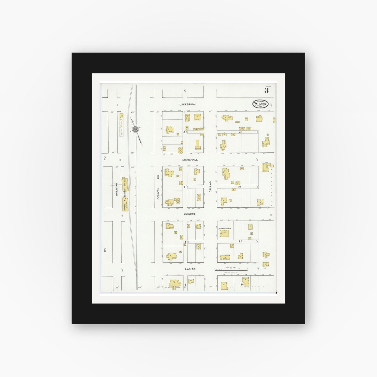 Old map wall art mockup — black gallery frame with white mat — Sanborn Fire Insurance Map from Palmer, Ellis County, Texas (1921), Sheet #0003
