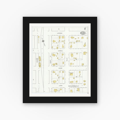 Old map wall art mockup — black gallery frame with white mat — Sanborn Fire Insurance Map from Palmer, Ellis County, Texas (1921), Sheet #0003