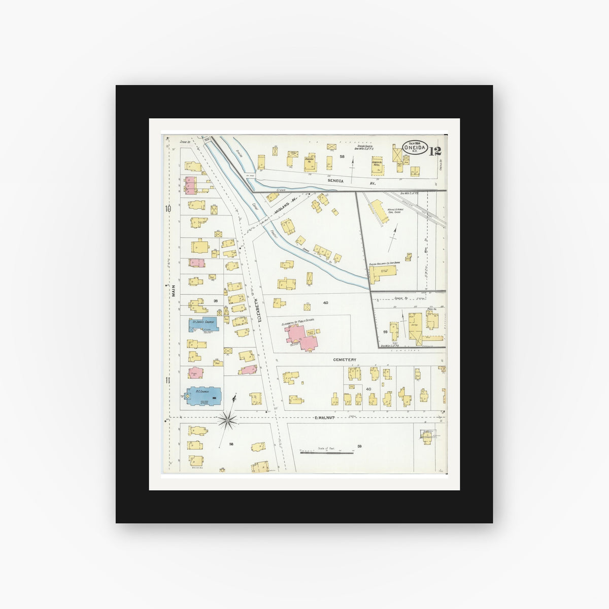 Old map wall art mockup — black gallery frame with white mat — Sanborn Fire Insurance Map from Oneida, Madison County, New York (1904), Sheet #0011