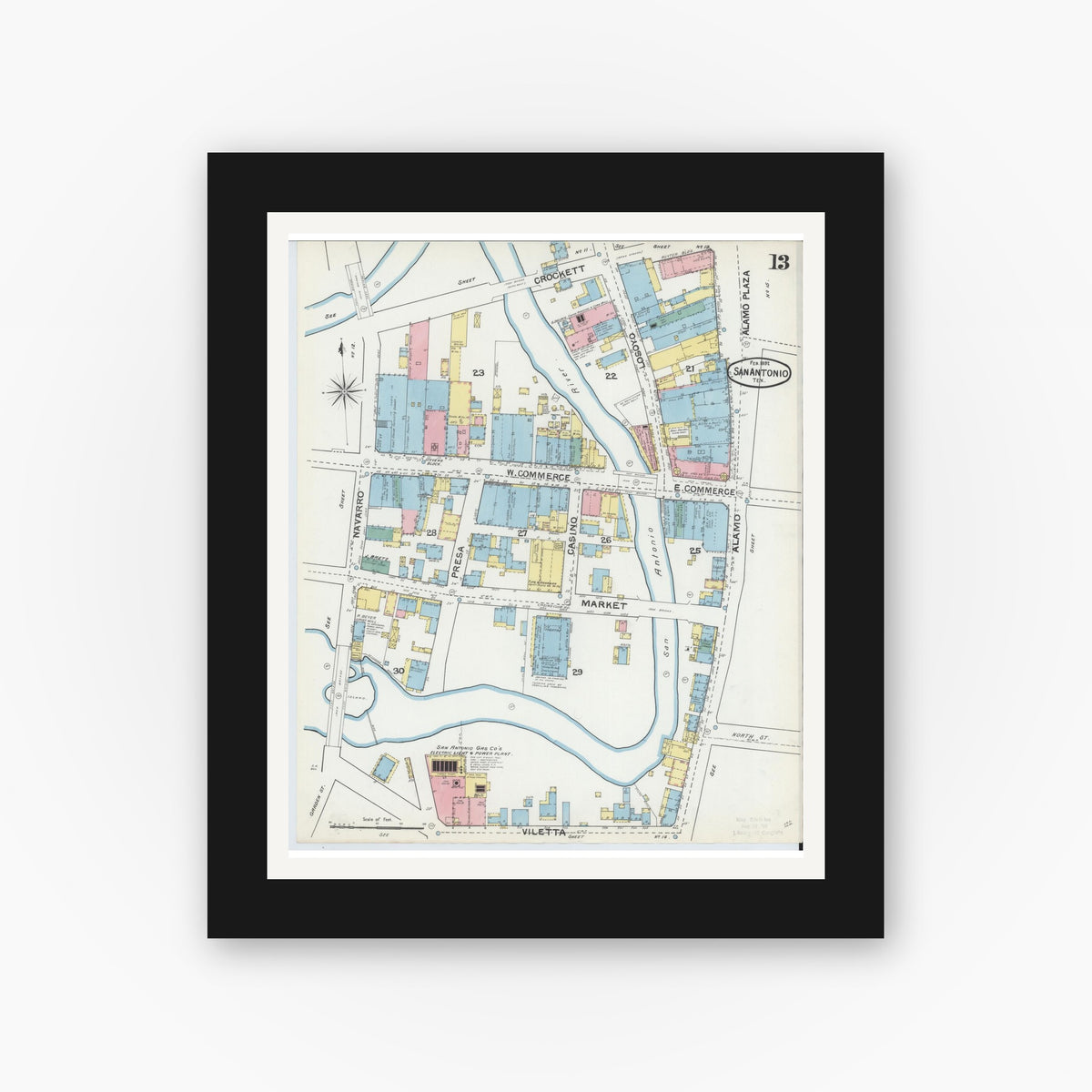 Old map wall art mockup — black gallery frame with white mat — Sanborn Fire Insurance Map from San Antonio, Bexar County, Texas (1892), Sheet #0013