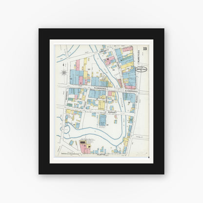 Old map wall art mockup — black gallery frame with white mat — Sanborn Fire Insurance Map from San Antonio, Bexar County, Texas (1892), Sheet #0013